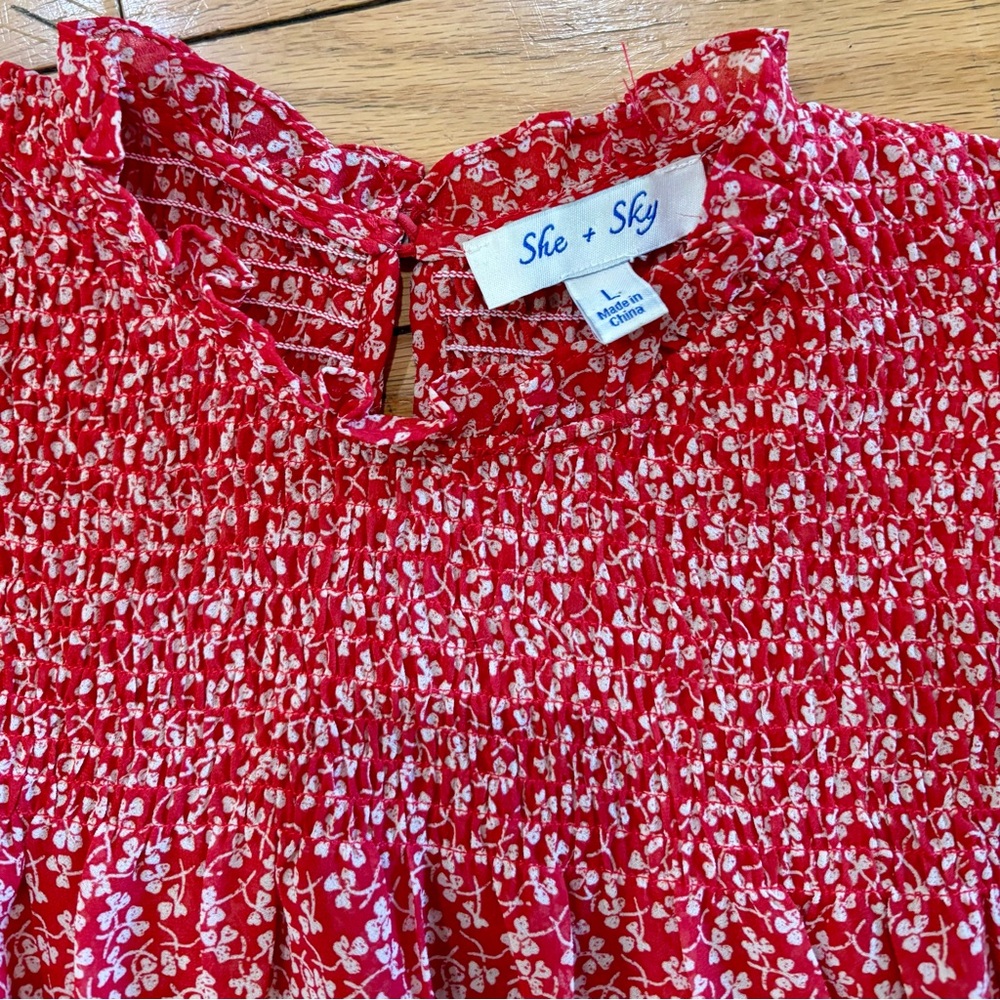 She + Sky Red Floral Smocked Bodice Dress - Picture 2 of 6